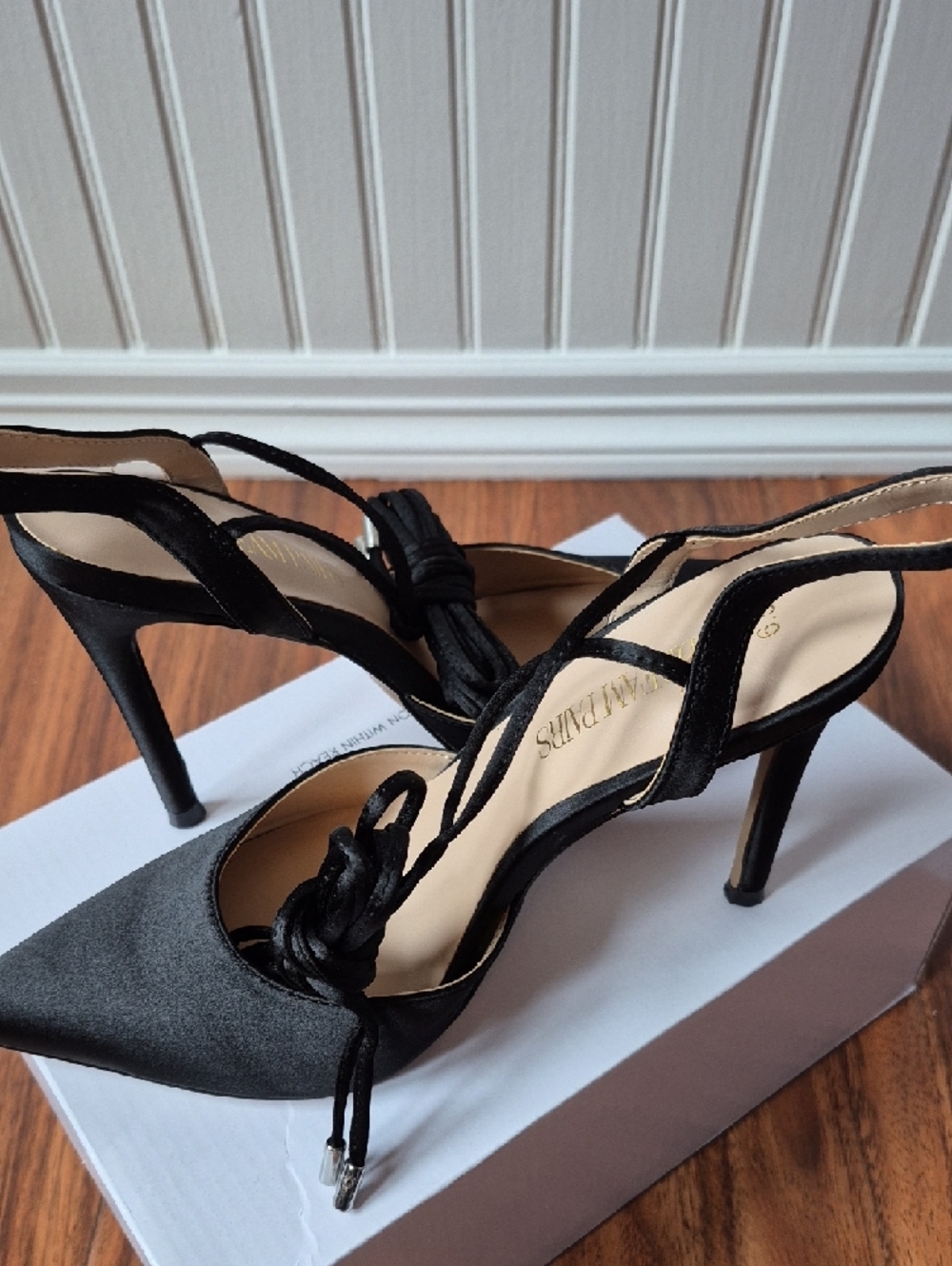 Dream Pairs Black Satin Pointed Toe Lace-Up Slingback Pumps - Picture 5 of 10